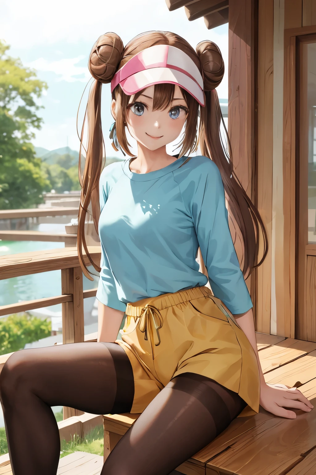 table top、highest quality、High resolution、1 girl、low length、Slender、smile、brown hair, bun hair, blue eyes, long twin tails, visor cap, pantyhose, raglan sleeves, yellow shorts,shirt, pink bow, watch、outdoor、Photo of the subject from below、tits、Panty shot、Loose shorts、Panties are visible through the gap between the shorts、sitting with legs spread apart、raising one knee