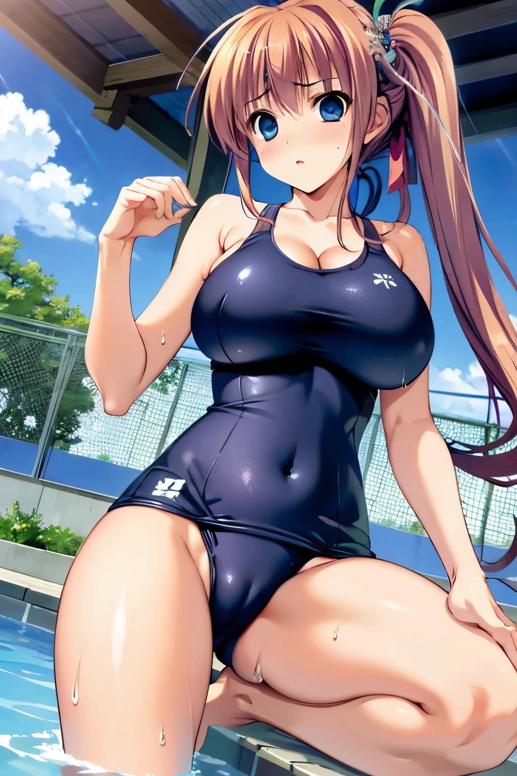 (masterpiece, highest quality, super detailed) (minato:1.5), (slim:1.7), side ponytail, long hair,  pool, (huge breasts:1.4), raised, Wet , Sweat,  beautiful face, (Big eyes:1.5), cute,  fog, ,(old school swimsuit:1.3), ,, (election of nipples:0.8), (latex:0.2), from below, cameltoe, Realistic swimwear,