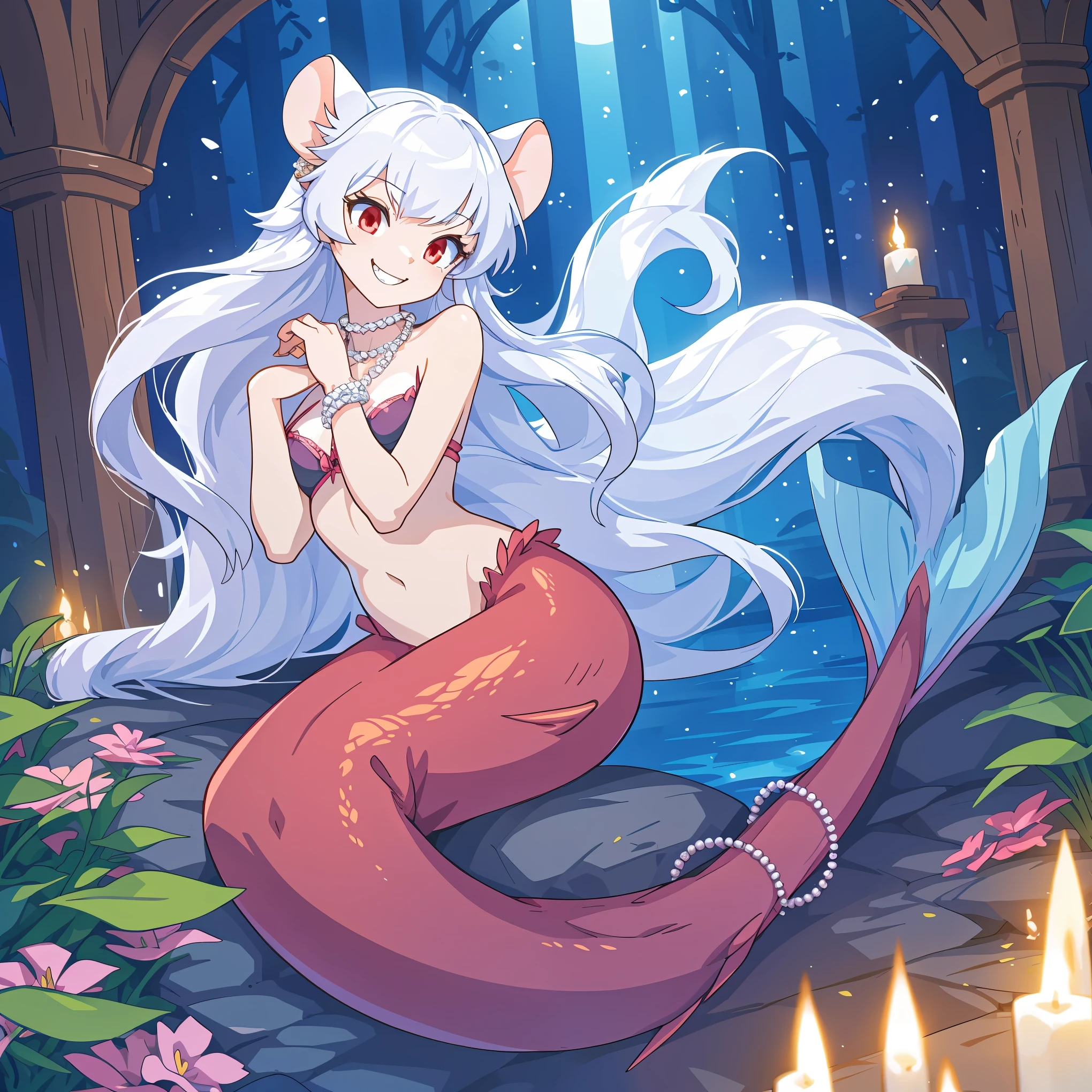 Reference sheet for a pretty anthropomorphic mouse girl magically transformed into a mermaid, fantasy, race change, long fangs, is smiling, drawn in anime style, fishlike, very long curly white hair, red eyes, white fur, slim body, whiskers, mouse ears, long mermaid tail below waistline, pelvic and dorsal fins, a pair of fish gills on her neck, seashells bra, pearl earrings and bracelets, pearl necklace, Highly detailed, masterpiece, high quality, 4K.