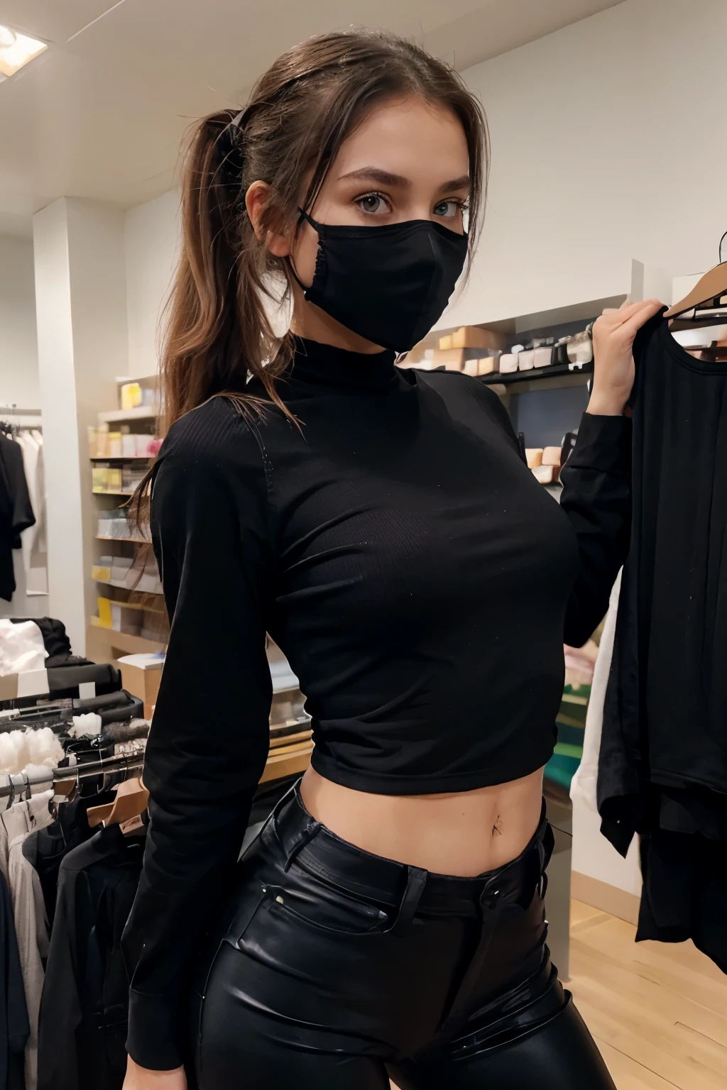 (beautiful 16 year old girl) (girl standing. front view, standing still, full body) ((girl wearing black long sleeve shirt, black turtleneck shirt, black panties)) Pretty and perfect face, (slender body ) thin body, (black hair) (blue eyes) (white skin) beautiful body, western face, predatory eyes, pink vagina lips, thin hips, thin thighs, collarbone, ribs, serious and distant expression, tired, (looking away ), full body, (smooth pussy, shaved vagina) Western beauty, thin nose, (location: store and clothes) (the girl is wearing a black mask over her mouth) (hair tied in a ponytail).