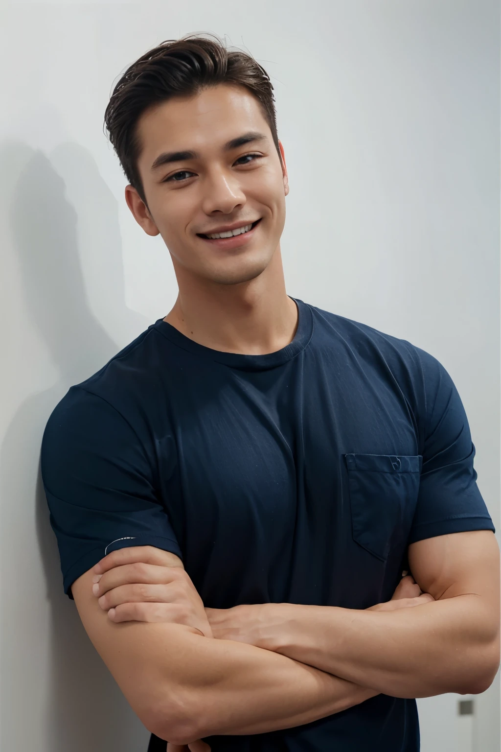 Smiling plumbing expert wearing dark solid blue work shirt with arms crossed forward, upper body, 176cm tall, white wall background, advertising image, clean image, friendly image, commercial banner, corporate photo, official image, full device, male, age 30 Age, weight 70 kg, actor Park Seo-joon, thin, sports hair, no double eyelids, small eyes, standing sideways, no dimples