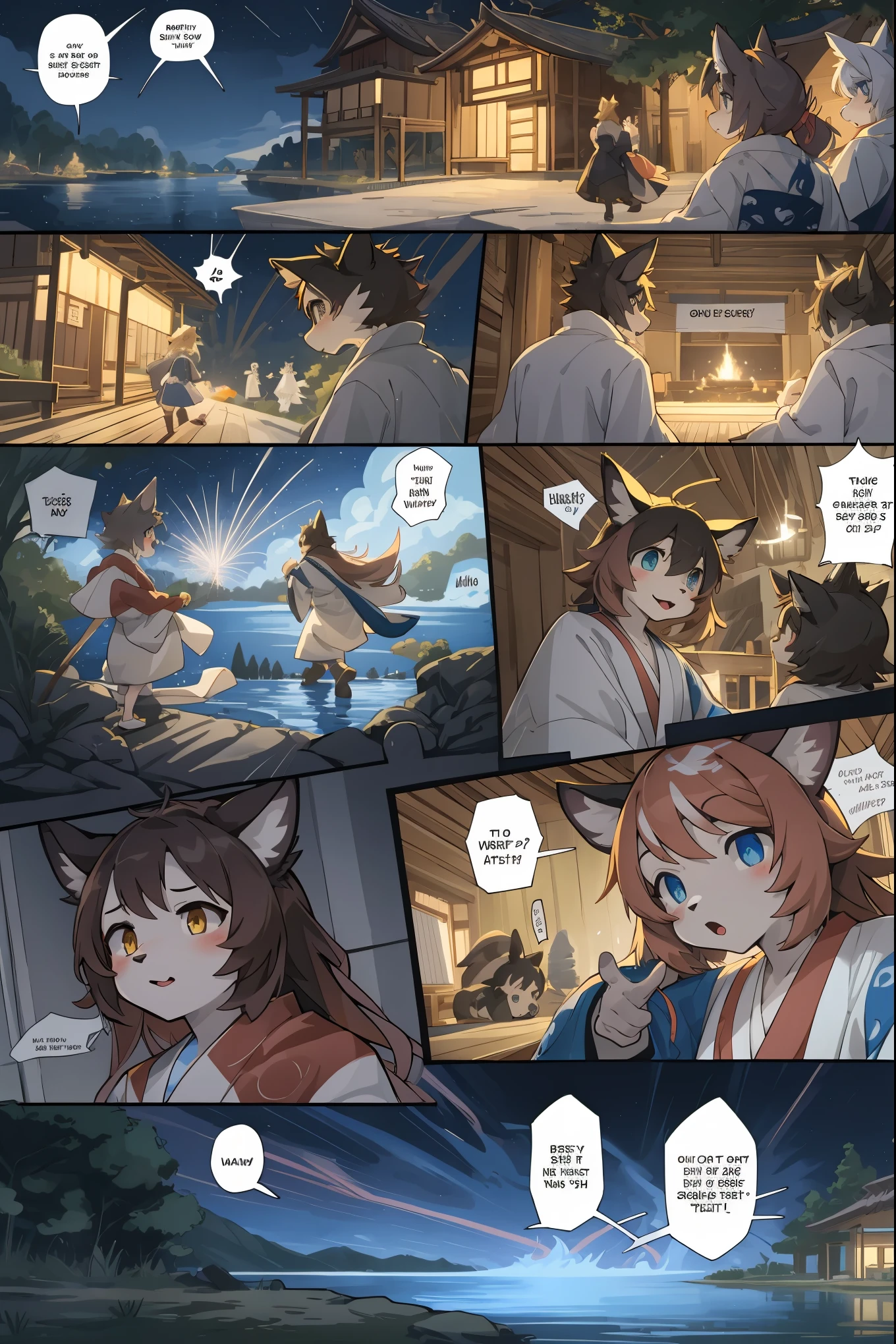 top quality, best quality, highres, masterpiece, super high resolution, detailed background, lake, nigh sky, firework, japanese yukata, 6+boys, 6+girls, absurdres(highly detailed beautiful face and eyes)perfect anatomy, good lighting, cinematic shadow(kemono, furry anthro)assorted expressions, assorted poses, assorted angles, full body, upper shot, dynamic angle(girls comic-like panel layouts, speech balloon, English text, Hand-drawn sound effects stickers used in girls comic),