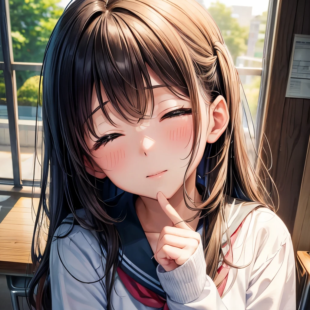 waiting for a kiss、Facing the front、Close your eyes、学生服、(背景)夕方の教室