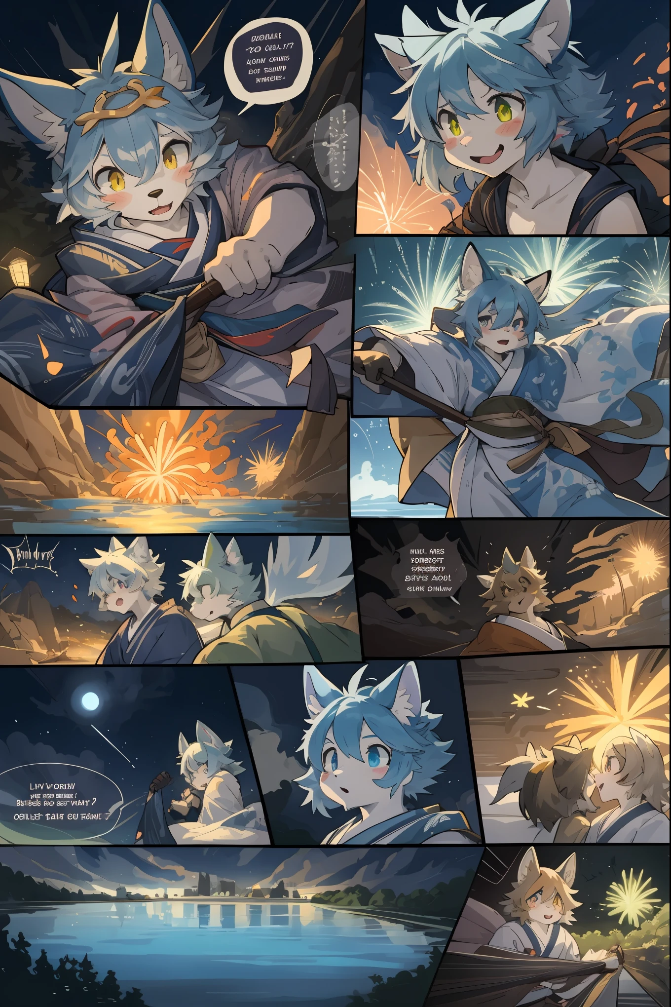 top quality, best quality, highres, masterpiece, super high resolution, detailed background, lake, nigh sky, firework, japanese yukata, 6+boys, 6+girls, absurdres(highly detailed beautiful face and eyes)perfect anatomy, good lighting, cinematic shadow(kemono, furry anthro)assorted expressions, assorted poses, assorted angles, full body, upper shot, dynamic angle(girls comic-like panel layouts, speech balloon, English text, Hand-drawn sound effects stickers used in girls comic),