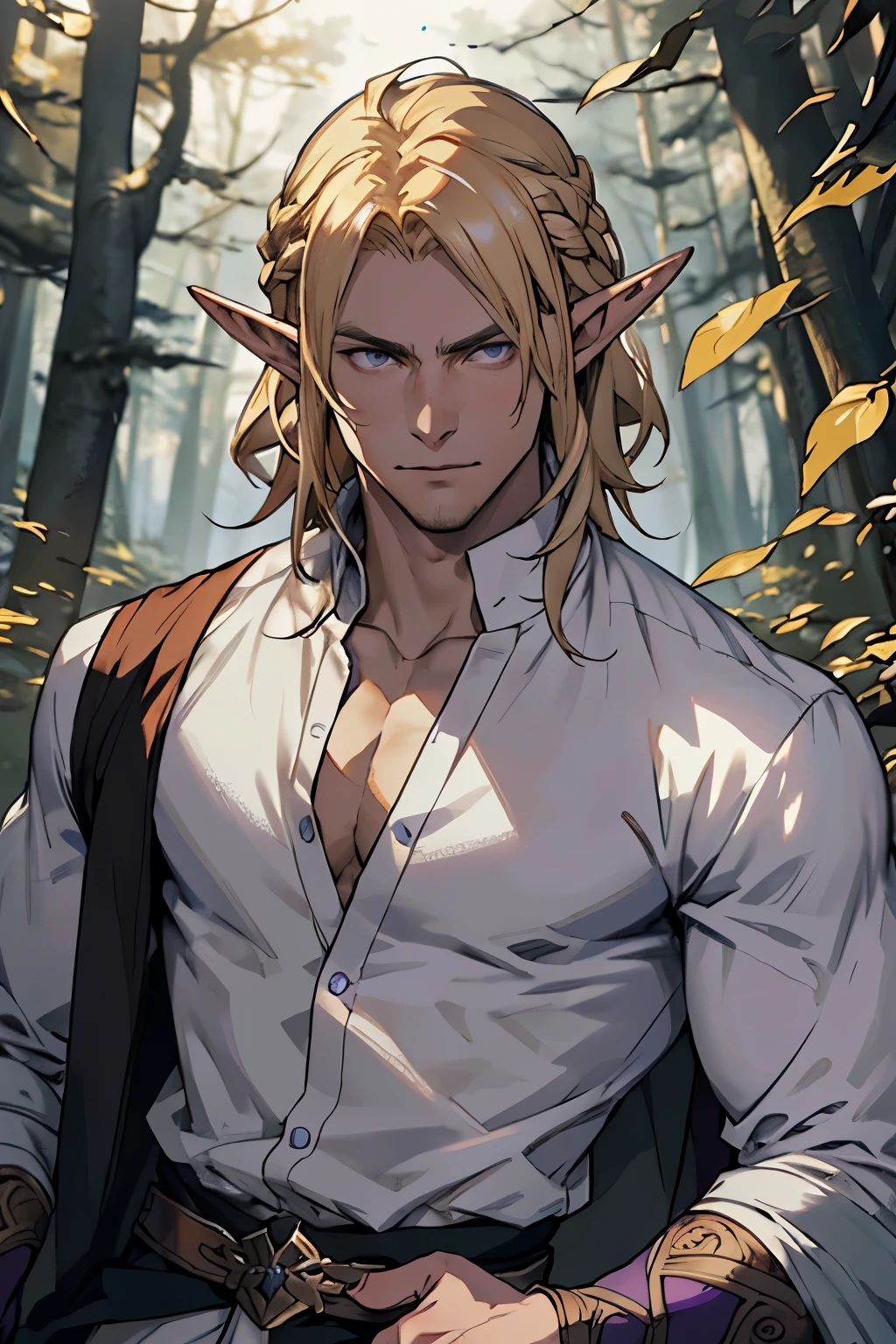 anime - style image of a young elf with purple eyes and blonde hair, blonde hair, blonde hair, a portrait of a male elf, beautiful male elf, a male elf, portrait of a young elf wizard, handsome guy in demon slayer art, elven male, young half elf wizard, beautiful androgynous prince, elven character with smirk, artwork in the style of guweiz, serious face, open chest shirt,