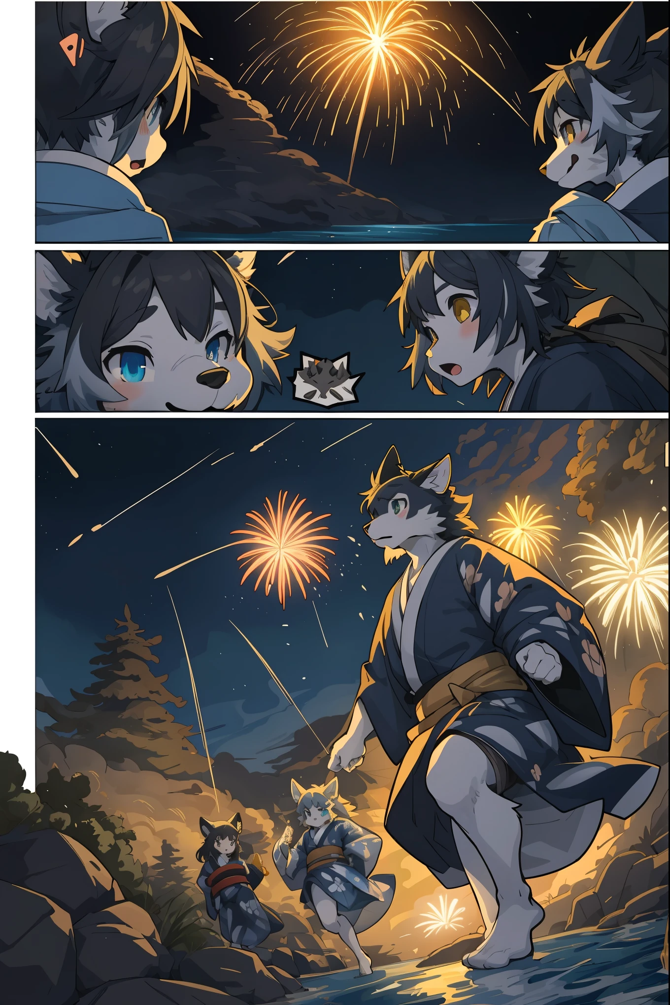 top quality, best quality, highres, masterpiece, super high resolution, detailed background, lake, nigh sky, firework, japanese yukata, 6+boys, 6+girls, absurdres(highly detailed beautiful face and eyes)perfect anatomy, good lighting, cinematic shadow(kemono, furry anthro)assorted expressions, assorted poses, assorted angles, full body, upper shot, dynamic angle(girls comic-like panel layouts, speech balloon, English text, Hand-drawn sound effects stickers used in girls comic),