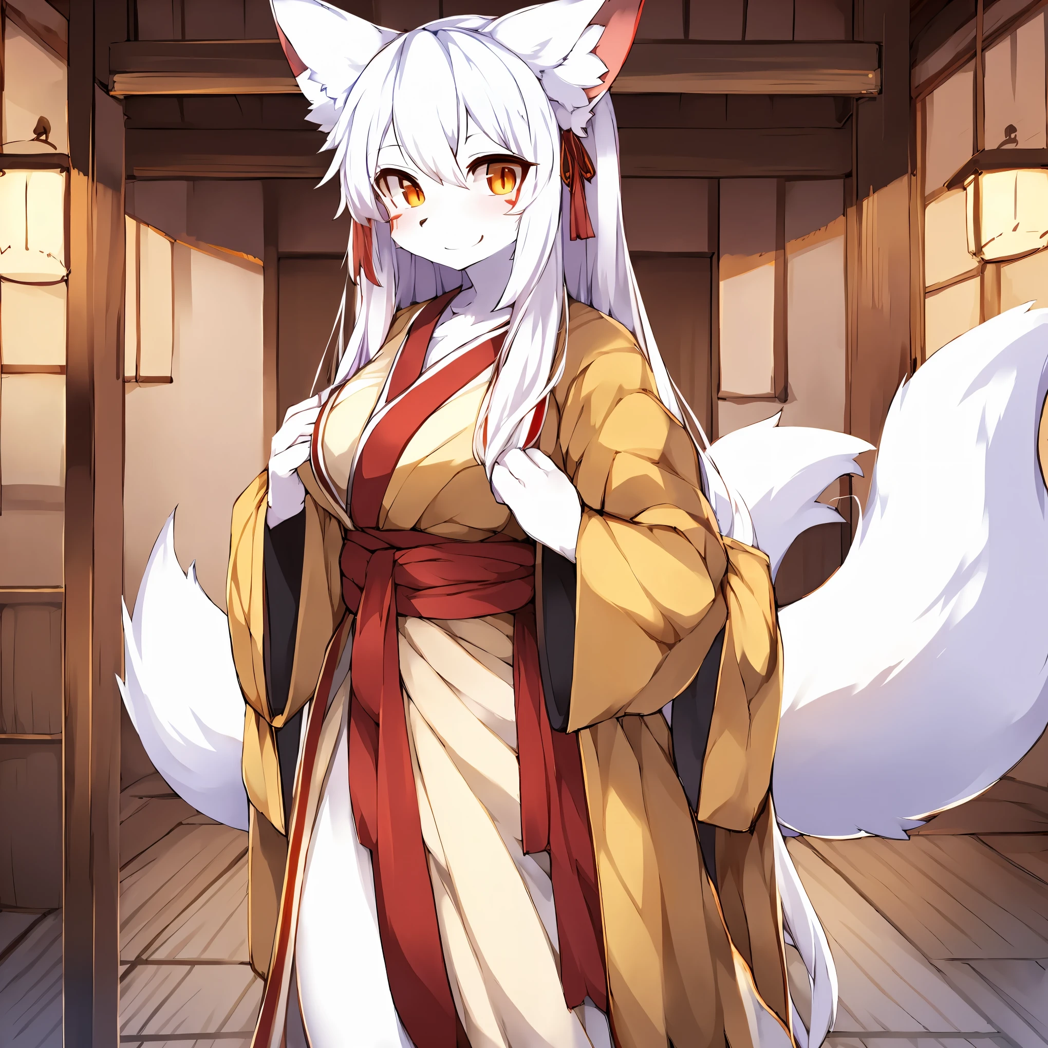 solo, Female, fox, kitsune, white fur, red face markings, white body, white hair, long hair, red and orange eyes, long lashes, attractive face, multiple tails, red tips on tails, lithe body, average body, lean body, white kimono, red and gold elements to kimono, Kanzashi in hair, traditional Japanese home, looking at viewer, by by kishibe, by mofumofumachine, by nonoka_furry, by Tubasa, by ACHAKOORA.