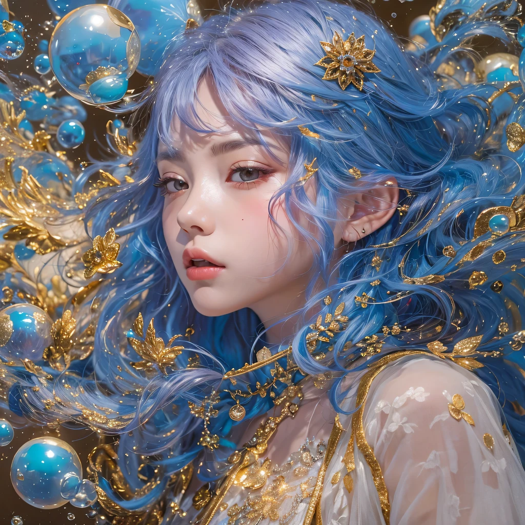 blue，blue，enamel，agate，A flesh-colored world，Blood Blue Maiden 32k（masterpiece，HD，Aoyama Pond，超HD，32k）长长的飘逸亮blue头发，blood pool，Ziddink， a color，grumpy （After greeting）， （Linen scarf）， fighting stance， looking at the ground， long white hair， 漂浮的亮blue， Fire cloud gold headdress， Chinese long-sleeved gold silk burgundy garment， （Abstract metaverse splash：1.2）， White background，Peony flower vitality protector（realistically：1.4），bright purple hair，Smoke on the road，The background is very pure， high resolution， detail， RAW photos， Sharp Re， Nikon D850 film photo by Jefferies Lee 4 Kodak Portra 400 camera F1.6 guns, colorful, Ultra-realistic and vivid textures, dramatic lighting, Unreal Engine Art Station Trend, Sinest 800，一个有着长长的飘逸亮blue头发的女孩，huge colorful bubbles