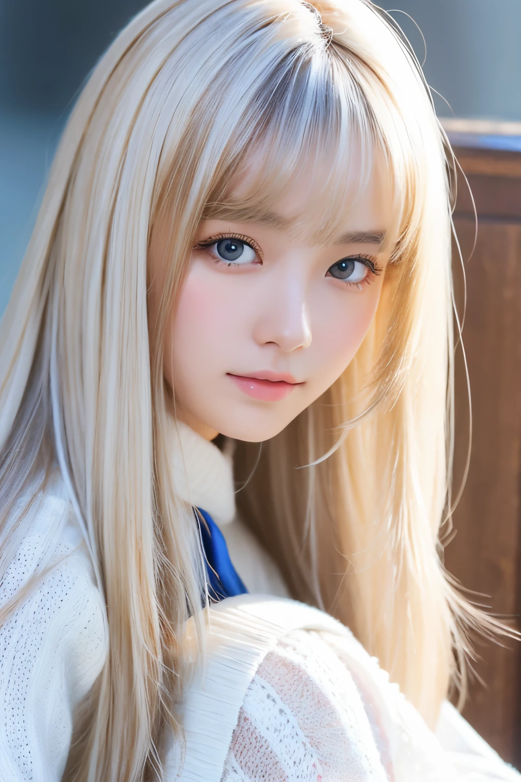 +masterpiece, highest quality, Super detailed, high school girl, beautiful face, Rich details, (long white hair), perfect face,white knit sitting