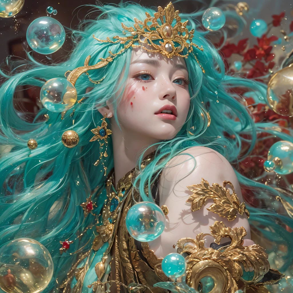 blue，blue，enamel，agate，A flesh-colored world，Blood Blue Maiden 32k（masterpiece，HD，Aoyama Pond，超HD，32k）长长的飘逸亮blue头发，blood pool，Ziddink， a color，grumpy （After greeting）， （Linen scarf）， fighting stance， looking at the ground， long white hair， 漂浮的亮blue， Fire cloud gold headdress， Chinese long-sleeved gold silk burgundy garment， （Abstract metaverse splash：1.2）， White background，Peony flower vitality protector（realistically：1.4），bright purple hair，Smoke on the road，The background is very pure， high resolution， detail， RAW photos， Sharp Re， Nikon D850 film photo by Jefferies Lee 4 Kodak Portra 400 camera F1.6 guns, colorful, Ultra-realistic and vivid textures, dramatic lighting, Unreal Engine Art Station Trend, Sinest 800，一个有着长长的飘逸亮blue头发的女孩，huge colorful bubbles