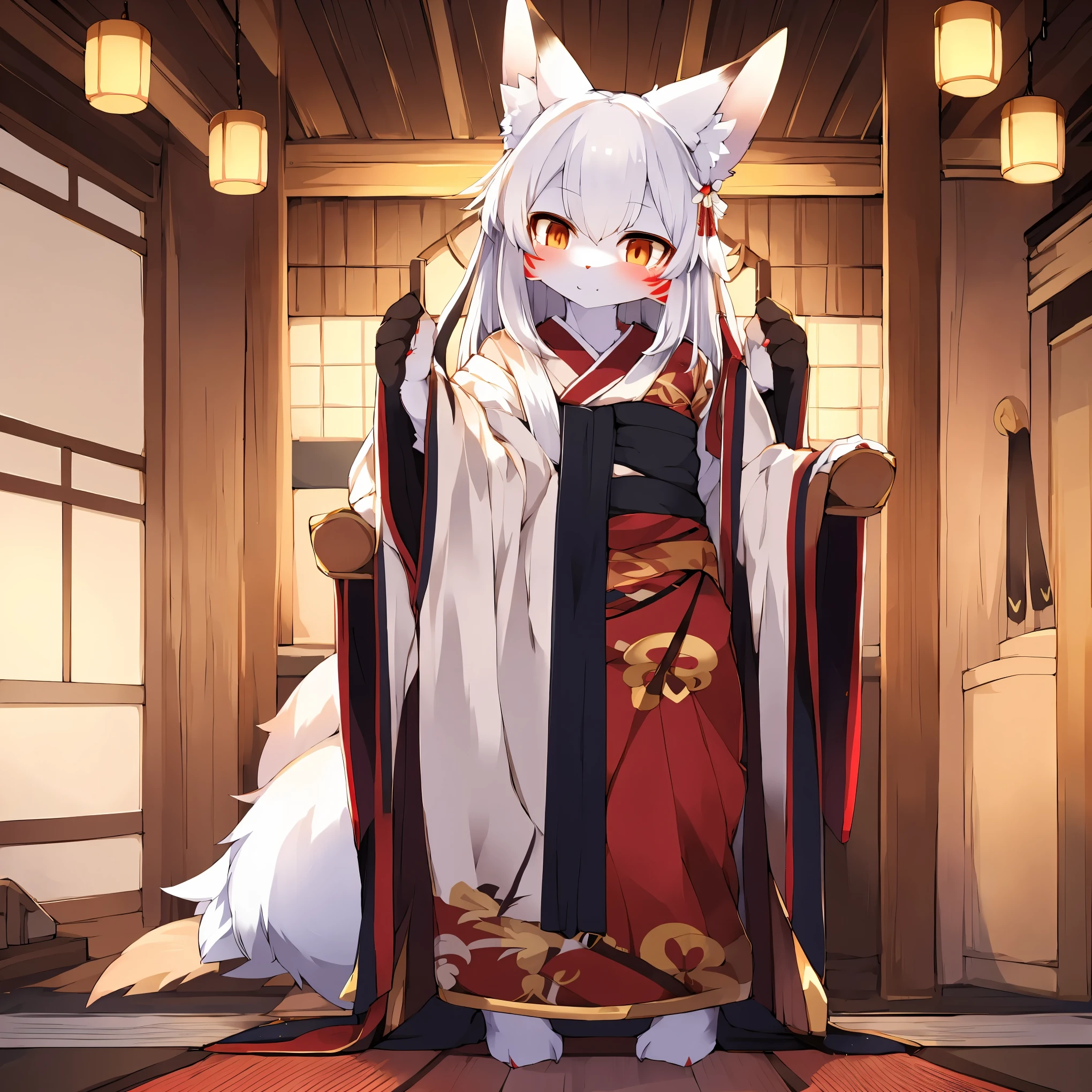 solo, Female, fox, kitsune, white fur, red face markings, white body, white hair, long hair, red and orange eyes, long lashes, attractive face, multiple tails, red tips on tails, lithe body, average body, lean body, white kimono, red and gold elements to kimono, Kanzashi in hair, traditional Japanese home, looking at viewer, by by kishibe, by mofumofumachine, by nonoka_furry, by Tubasa, by ACHAKOORA.