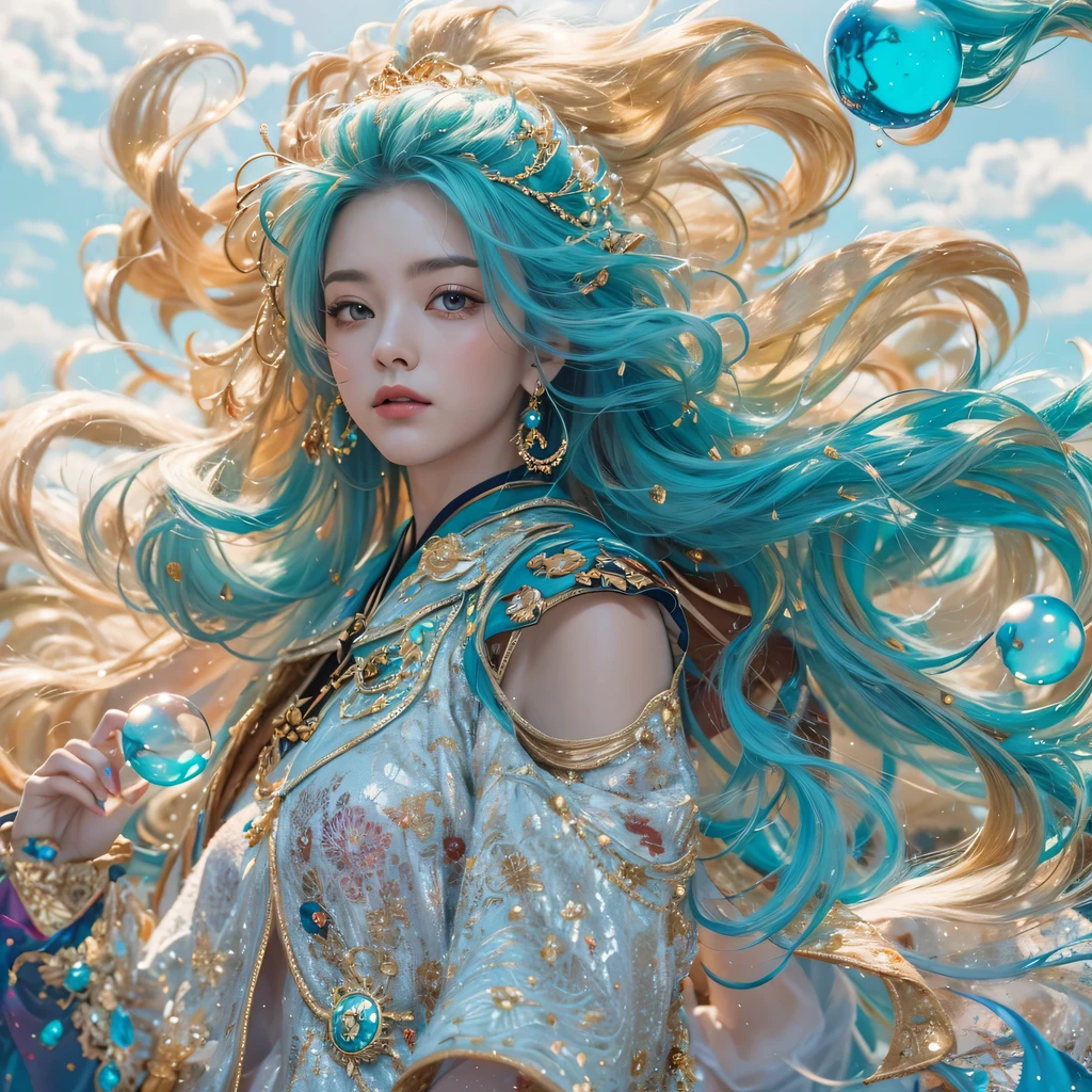 blue,blue,enamel,agate,A flesh-colored world,Blood Blue Maiden 32k(masterpiece,HD,Aoyama Pond,超HD,32k)长长的飘逸亮blue头发,blood pool,Ziddink, a color,grumpy (After greeting), (Linen scarf), fighting stance, looking at the ground, long white hair, 漂浮的亮blue, Fire cloud gold headdress, Chinese long-sleeved gold silk burgundy garment, (Abstract metaverse splash:1.2), White background,Peony flower vitality protector(realistically:1.4),bright purple hair,Smoke on the road,The background is very pure, high resolution, detail, RAW photos, Sharp Re, Nikon D850 film photo by Jefferies Lee 4 Kodak Portra 400 camera F1.6 guns, colorful, Ultra-realistic and vivid textures, dramatic lighting, Unreal Engine Art Station Trend, Sinest 800,一个有着长长的飘逸亮blue头发的女孩,huge colorful bubbles