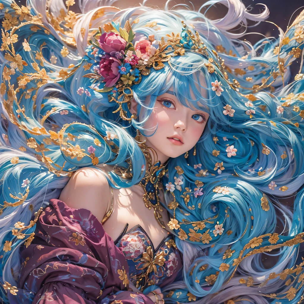blue,blue,enamel,agate,A flesh-colored world,Blood Blue Maiden 32k(masterpiece,HD,Aoyama Pond,超HD,32k)长长的飘逸亮blue头发,blood pool,Ziddink, a color,grumpy (After greeting), (Linen scarf), fighting stance, looking at the ground, long white hair, 漂浮的亮blue, Fire cloud gold headdress, Chinese long-sleeved gold silk burgundy garment, (Abstract metaverse splash:1.2), White background,Peony flower vitality protector(realistically:1.4),bright purple hair,Smoke on the road,The background is very pure, high resolution, detail, RAW photos, Sharp Re, Nikon D850 film photo by Jefferies Lee 4 Kodak Portra 400 camera F1.6 guns, colorful, Ultra-realistic and vivid textures, dramatic lighting, Unreal Engine Art Station Trend, Sinest 800,一个有着长长的飘逸亮blue头发的女孩,huge colorful bubbles