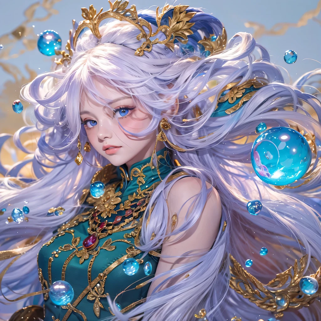 red blue colors，enamel，agate，A flesh-colored world，Blood Blue Maiden 32k（masterpiece，HD，Aoyama Pond，超HD，32k）long flowing bright blue hair，blood pool，Ziddink， a color，grumpy （After greeting）， （Linen scarf）， fighting stance， looking at the ground， long white hair， Floating bright blue， Fire cloud gold headdress， Chinese long-sleeved gold silk burgundy garment， （Abstract metaverse splash：1.2）， White background，Peony flower vitality protector（realistically：1.4），bright purple hair，Smoke on the road，The background is very pure， high resolution， detail， RAW photos， Sharp Re， Nikon D850 film photo by Jefferies Lee 4 Kodak Portra 400 camera F1.6 guns, colorful, Ultra-realistic and vivid textures, dramatic lighting, Unreal Engine Art Station Trend, Sinest 800，一个有着long flowing bright blue hair的女孩，huge colorful bubbles