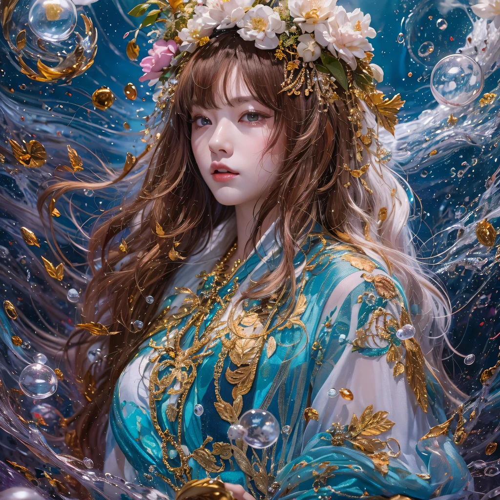 red blue colors，enamel，agate，A flesh-colored world，Blood Blue Maiden 32k（masterpiece，HD，Aoyama Pond，超HD，32k）long flowing bright blue hair，blood pool，Ziddink， a color，grumpy （After greeting）， （Linen scarf）， fighting stance， looking at the ground， long white hair， Floating bright blue， Fire cloud gold headdress， Chinese long-sleeved gold silk burgundy garment， （Abstract metaverse splash：1.2）， White background，Peony flower vitality protector（realistically：1.4），bright purple hair，Smoke on the road，The background is very pure， high resolution， detail， RAW photos， Sharp Re， Nikon D850 film photo by Jefferies Lee 4 Kodak Portra 400 camera F1.6 guns, colorful, Ultra-realistic and vivid textures, dramatic lighting, Unreal Engine Art Station Trend, Sinest 800，一个有着long flowing bright blue hair的女孩，huge colorful bubbles