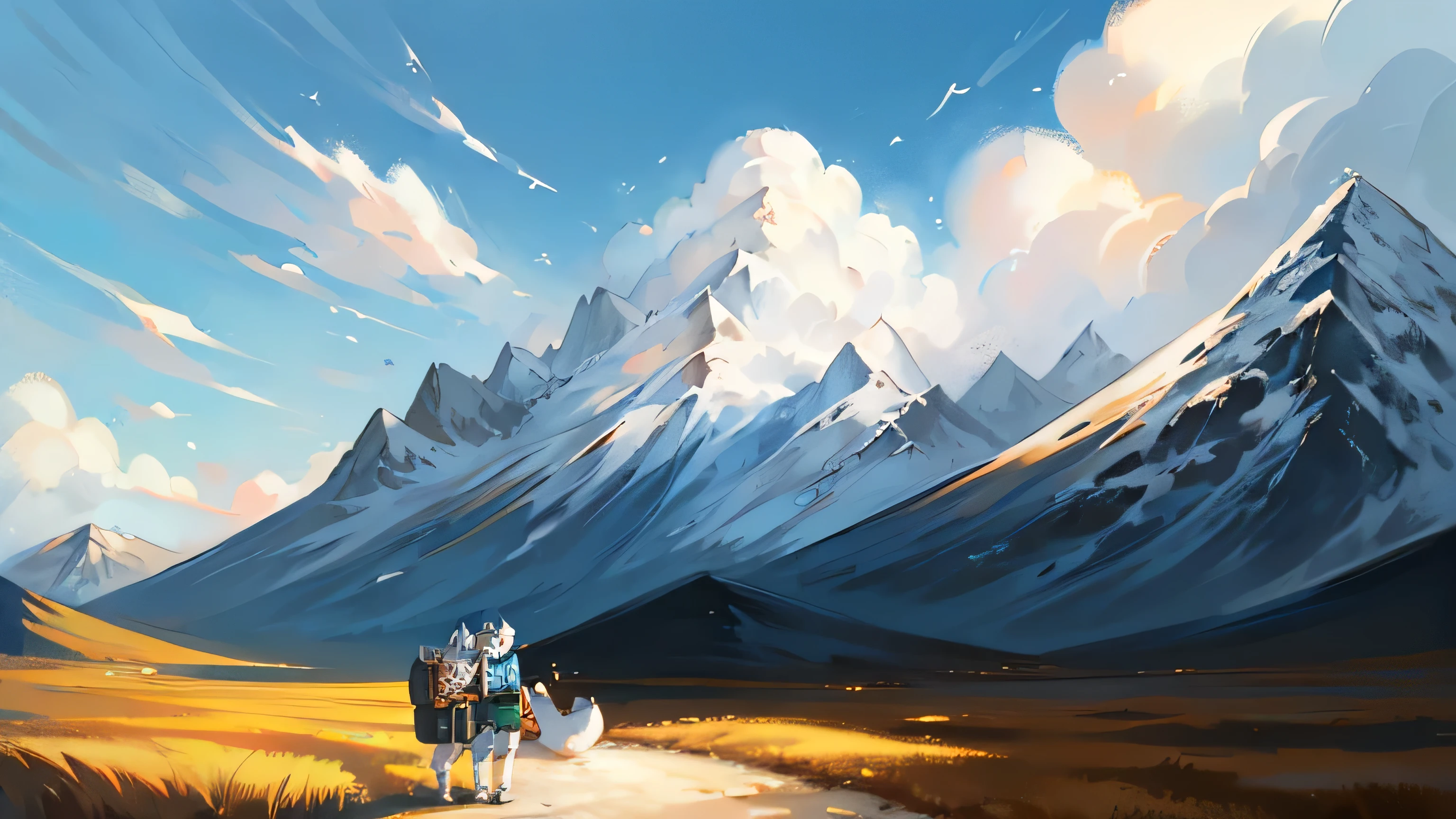 white,arctic fox,Wear goggles,carry schoolbag,windbreaker,trip,Get map,charming,hairy,There is a piece of grass on the left,There is a mountain on the right,There is a winding road in the middle
