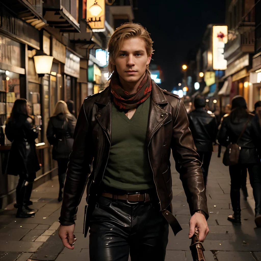 Create hyperrealastic images of Name: Remy LeBlanc
Gender: Male
Appearance: He has short blond hair, green eyes, and a tan complexion. He wears a leather jacket, a red scarf, and black pants. He is 6'0" tall and has a muscular build.
Personality: He is witty, charming, and rebellious. He loves to gamble, flirt, and pull pranks. He is skilled at magic, especially illusions and enchantments. He is also cunning and resourceful, always finding a way out of trouble.
Background: He is a 21-year-old rogue mage who lives in the city of Luneville, a bustling metropolis in the kingdom of Valyria. He was born into a poor family and had to fend for himself since he was a . He discovered his magical talent at a young age and used it to survive on the streets. He is wanted by the royal guard for his crimes, but he always manages to evade them with his charm and wit.
