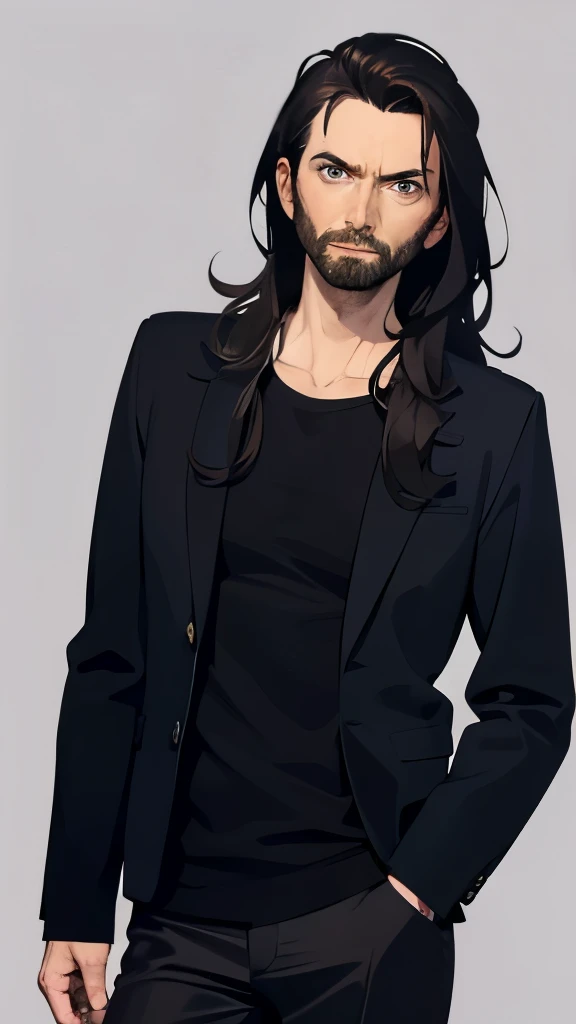 David Tennant with medium long black hair and 3-day beard, ojos de color grises, ropa de color negro. Fondo simple.