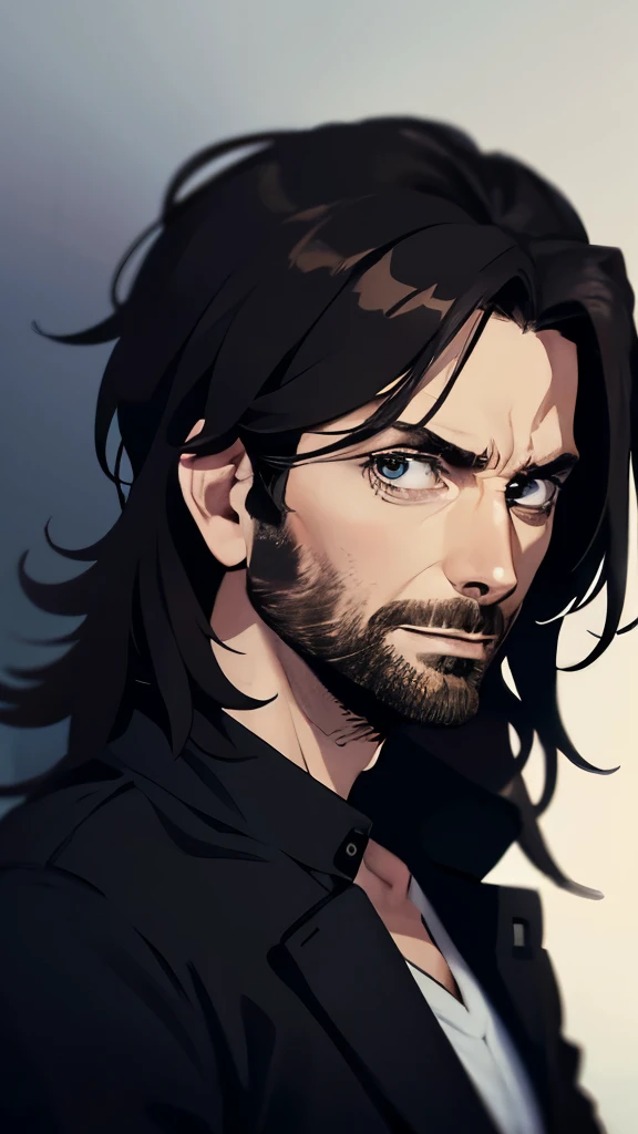 David Tennant with medium long black hair and 3-day beard, ojos de color grises, ropa de color negro. Fondo simple.