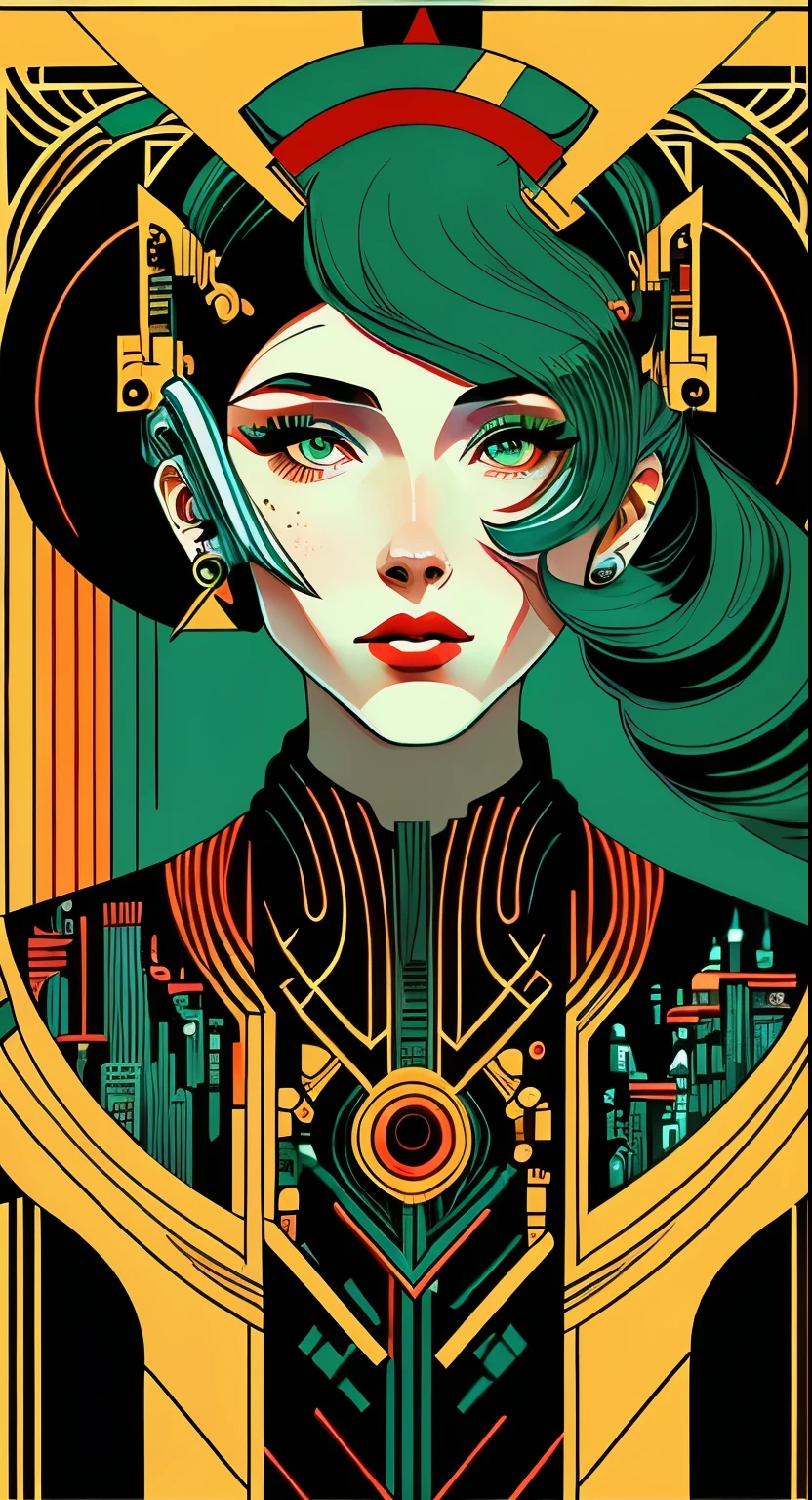 (masterpiece, 4k, ultra detailed, raw photo: 1.2), illustration, (1woman:1), (single background: 1.4), (symmetry: 1.2), (Art Deco:1.4), (retro-futuristic:1.4), (minimalism:1.4), (clean:1.4), (flat_color:1.4), (cyberpunk:1.4), CCDDA Artstyl