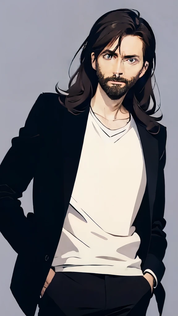 David Tennant with medium long black hair and 3-day beard, ojos de color grises, ropa de color negro. Fondo simple.