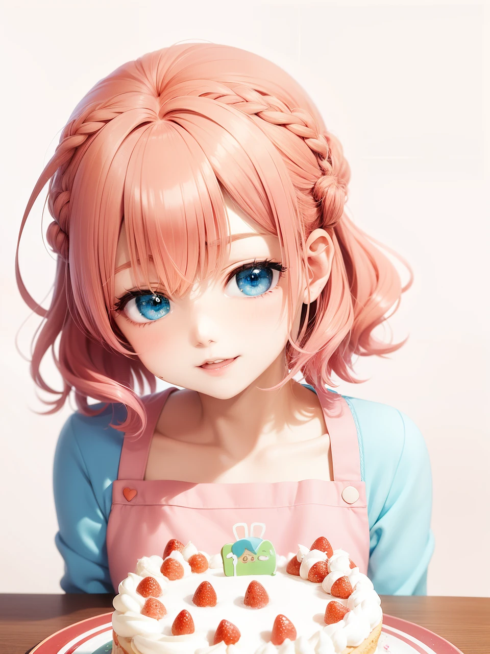 Anime girl with pink hair and blue eyes, cute girl with short pink hair, short pink hair and cyan eyes, cute realistic portrait, cute anime style, change, Inspired Gacha Club Game, my dress up darling anime, cute anime face, detailed anime soft face, Luan cute Vtuber, Download contents, ,Birthday Party,laughing,Strawberry birthday cake with microphone-shaped chocolate on a large table,Wearing an apron