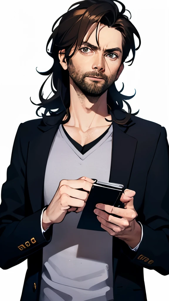 David Tennant with medium long black hair and 3-day beard, ojos de color grises, ropa de color negro. Fondo simple.