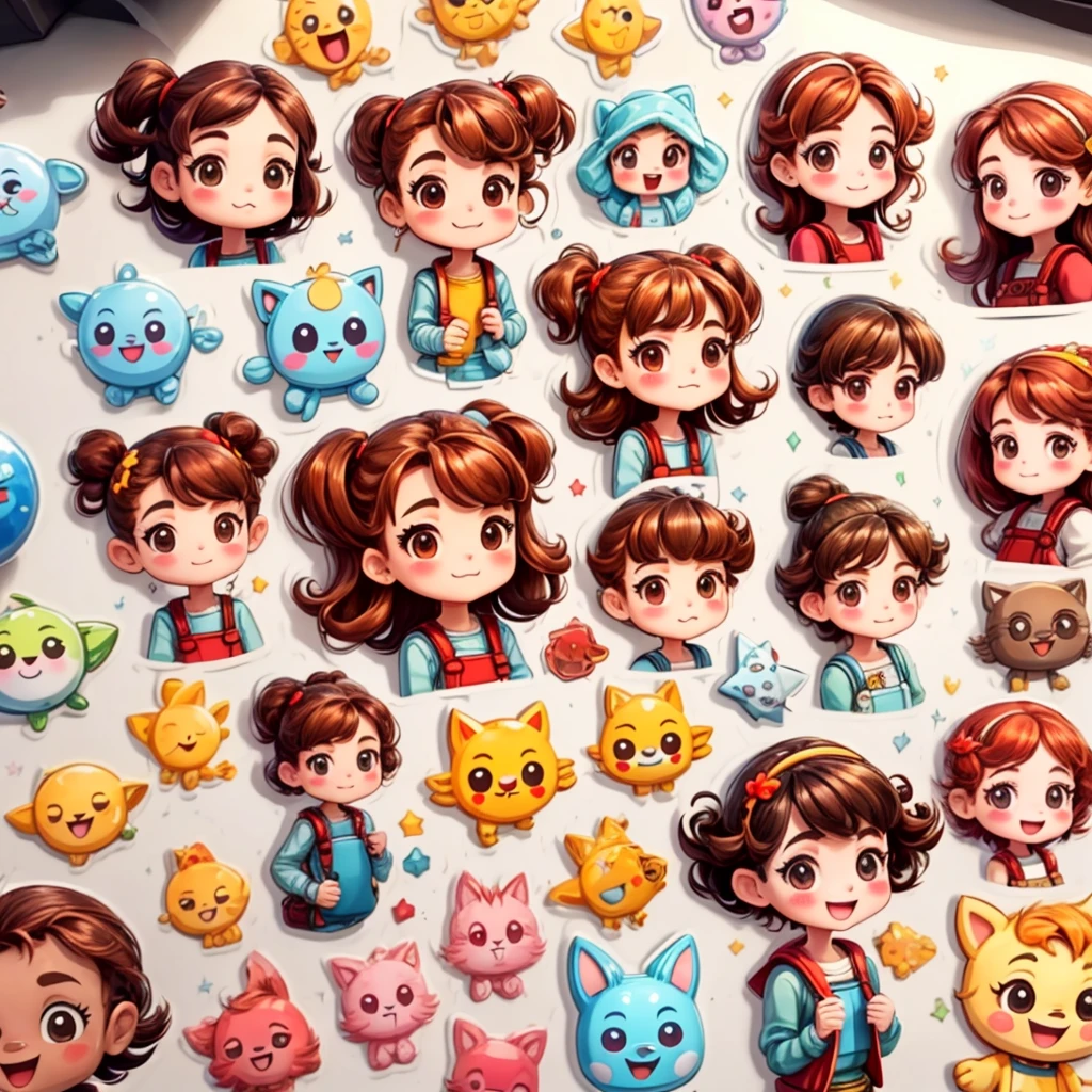 sticker,style, HD，detail，(All kinds of happiness)，facial expression，((brown hair，red hair clothing))，gray eyes，(12 happy emoticons，distributed arrangement)，12 happy poses and expressions，light background，different emotions，, contour, vector