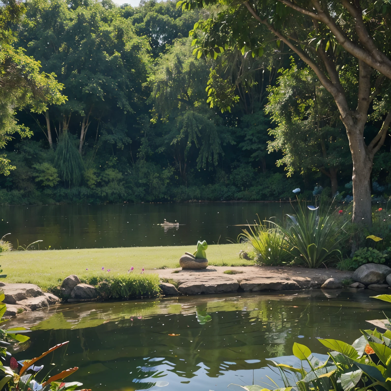 Draw a serene and peaceful lake, surrounded by lush and colorful plants. On one of the banks, a small frog is sitting, happy and satisfied. Around the lake, there are other friendly animals such as birds singing, butterflies dancing and dragonflies buzzing. Create a magical and enchanting scene that will transport children to a world of imagination and adventure!