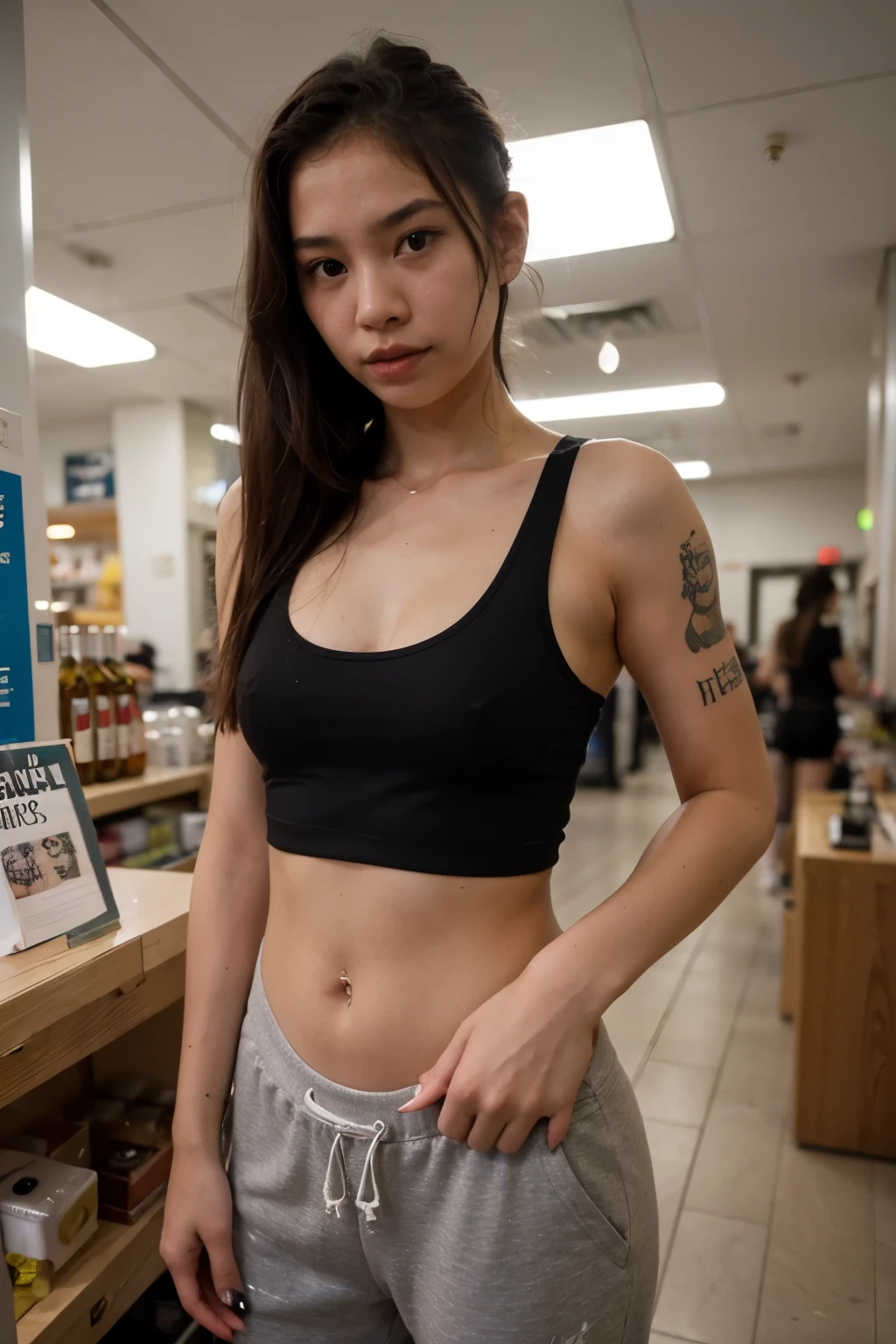 Thai girl has a pierced nose, headphones, wears a tiny tank top, shows off her tattoos, smokes and wears sweatpants. and wearing Nike sneakers in a smoky liquor store