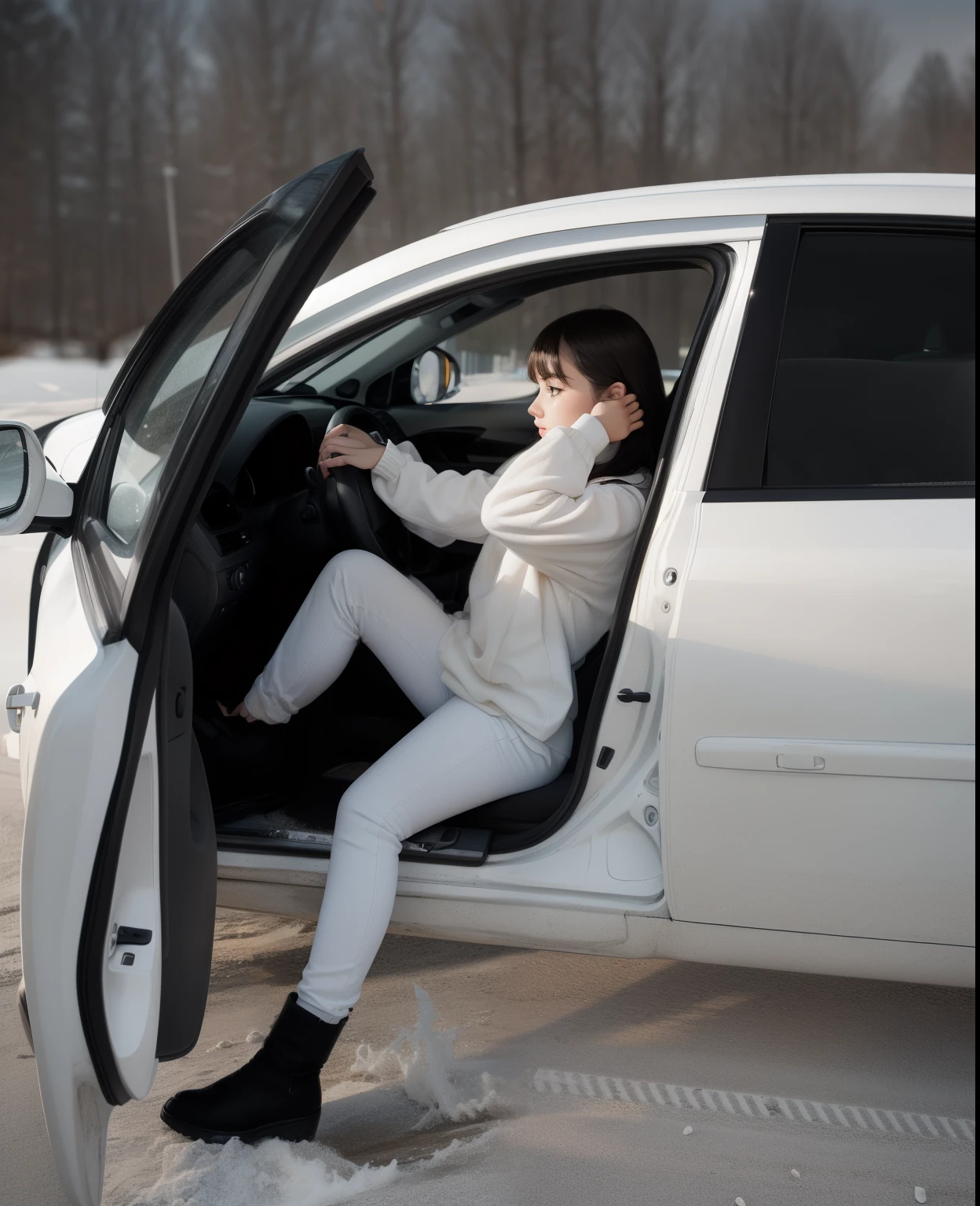 Girl in the car, Girl behind the wheel, The Girl in White, beautiful photo, super quality, girl with bangs, in a white car, clean white car