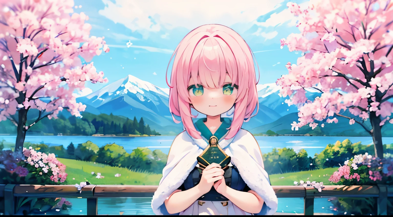 (1 girl:1.2), blush slightly, lower your hands, wavy hair, long hair, fluffy hair, pastel pink hair, green eyes, cherry blossoms, hair flower, capelet, race trim, race, frills, lolita, elegant, bodice, Wind, winter, mountains, mountain sitting near the mountain, detailed water, sparkling eyes, light smile, peaceful, winter, very detailed, Depth of bounds written, cinematic lighting, Ghibli-like colors, high detail, scenery, high prace, horizon, Wind, Wind blow, looking at the viewer, lolita clothes, 8K, Bokeh, Awards, (masterpiece:1.2), highest quality, anatomically correct, perfect hands