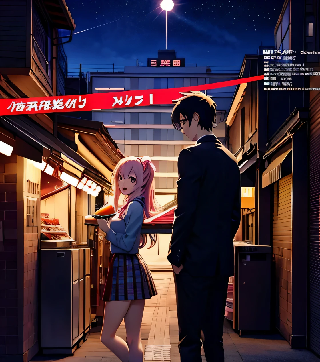 anime couple eating watermelon in the city at night, official artwork, official anime artwork, slice of life anime, high detailed official artwork, official art, visual novel key visual, kawacy, city in the background, anime cover, nightcore, anime key art, detailed key anime art, high quality anime artstyle, anime wallaper, visual novel cg