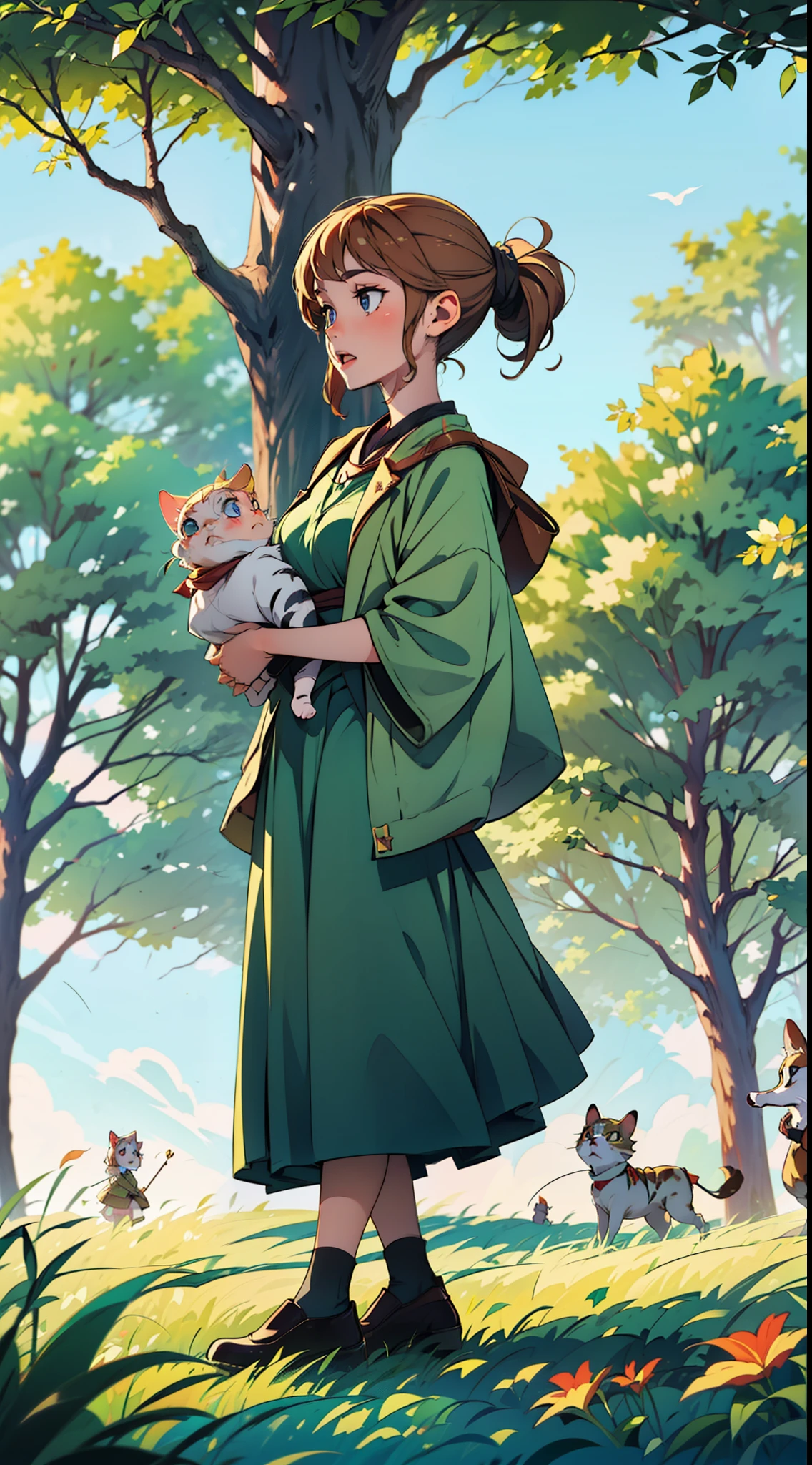 (A couple): chibi, The forest seemed to come alive as they walked further, with whispers carried by the breeze and the rustling of leaves beneath their feet. Suddenly, they heard a melodious voice singing in the distance. Entranced, Luna and Oliver followed the sound, leading them to a clearing where a group of animals had gathered.