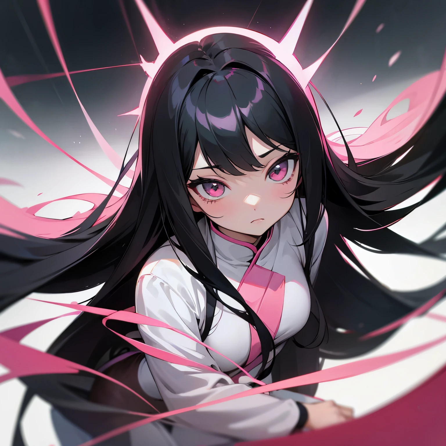 (anime style)、long black hair、Eyes gradating from pink to black、white skin、Show the whole body
