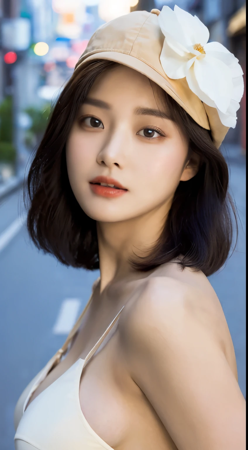 ((Best Quality, 8K, Masterpiece: 1.3)), (Flower Cap: 1.3), Focus: 1.2, Perfect Body Beauty: 1.4, Buttocks: 1.2, (Layered Haircut: 1.2)), (Dark Street: 1.3), Highly Detailed Face and Skin Texture, Full Body, Delicate Eyes, Double Eyelids, Whitened Skin, Long Hair, (Round Face: 1.5),nipple slip, mouth slip ,show nipple,nude breast