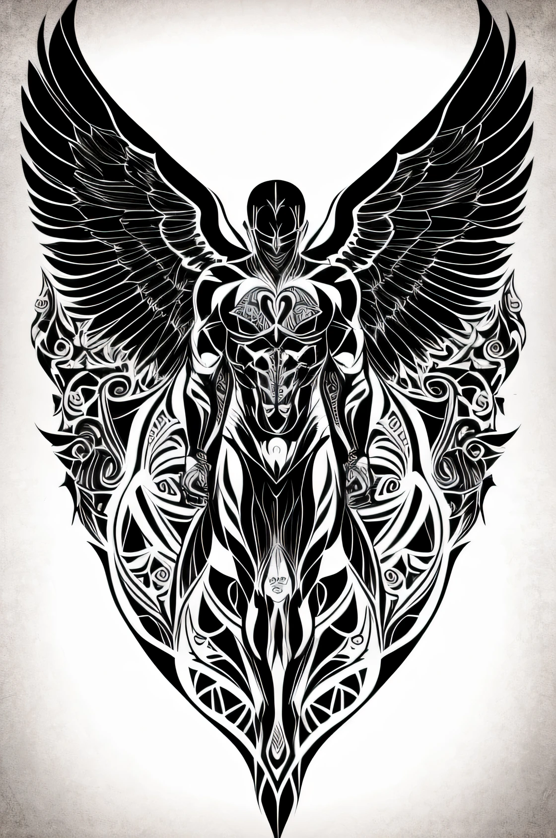 Creation of a full body fallen angel., con lineas definidas para tatuaje, Vector illustration, biomech