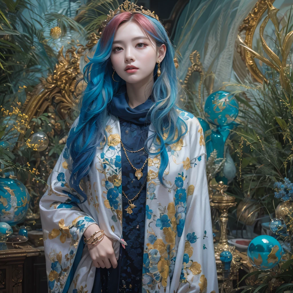 red blue colors,enamel,agate,A flesh-colored world,Blood Blue Maiden 32k(masterpiece,HD,Aoyama Pond,超HD,32k)long flowing bright blue hair,blood pool,Ziddink, a color,grumpy (After greeting), (Linen scarf), fighting stance, looking at the ground, long white hair, Floating bright blue, Fire cloud gold headdress, Chinese long-sleeved gold silk burgundy garment, (Abstract metaverse splash:1.2), White background,Peony flower vitality protector(realistically:1.4),bright purple hair,Smoke on the road,The background is very pure, high resolution, detail, RAW photos, Sharp Re, Nikon D850 film photo by Jefferies Lee 4 Kodak Portra 400 camera F1.6 guns, colorful, Ultra-realistic and vivid textures, dramatic lighting, Unreal Engine Art Station Trend, Sinest 800,一个有着long flowing bright blue hair的女孩,huge colorful bubbles