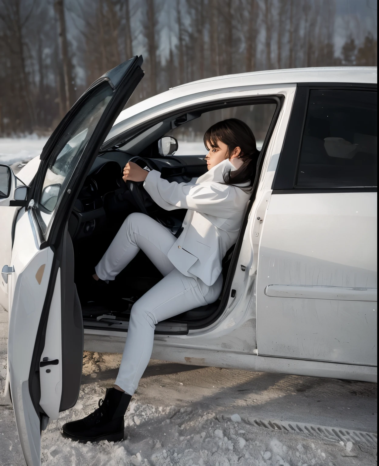 Girl in a car driving, Girl in white suit, real photo, realism, white car, Clean car, girl with bangs