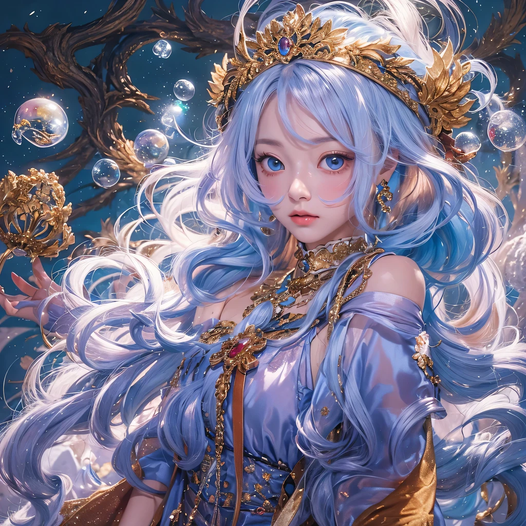red blue colors,enamel,agate,A flesh-colored world,Blood Blue Maiden 32k(masterpiece,HD,Aoyama Pond,超HD,32k)long flowing bright blue hair,blood pool,Ziddink, a color,grumpy (After greeting), (Linen scarf), fighting stance, looking at the ground, long white hair, Floating bright blue, Fire cloud gold headdress, Chinese long-sleeved gold silk burgundy garment, (Abstract metaverse splash:1.2), White background,Peony flower vitality protector(realistically:1.4),bright purple hair,Smoke on the road,The background is very pure, high resolution, detail, RAW photos, Sharp Re, Nikon D850 film photo by Jefferies Lee 4 Kodak Portra 400 camera F1.6 guns, colorful, Ultra-realistic and vivid textures, dramatic lighting, Unreal Engine Art Station Trend, Sinest 800,一个有着long flowing bright blue hair的女孩,huge colorful bubbles