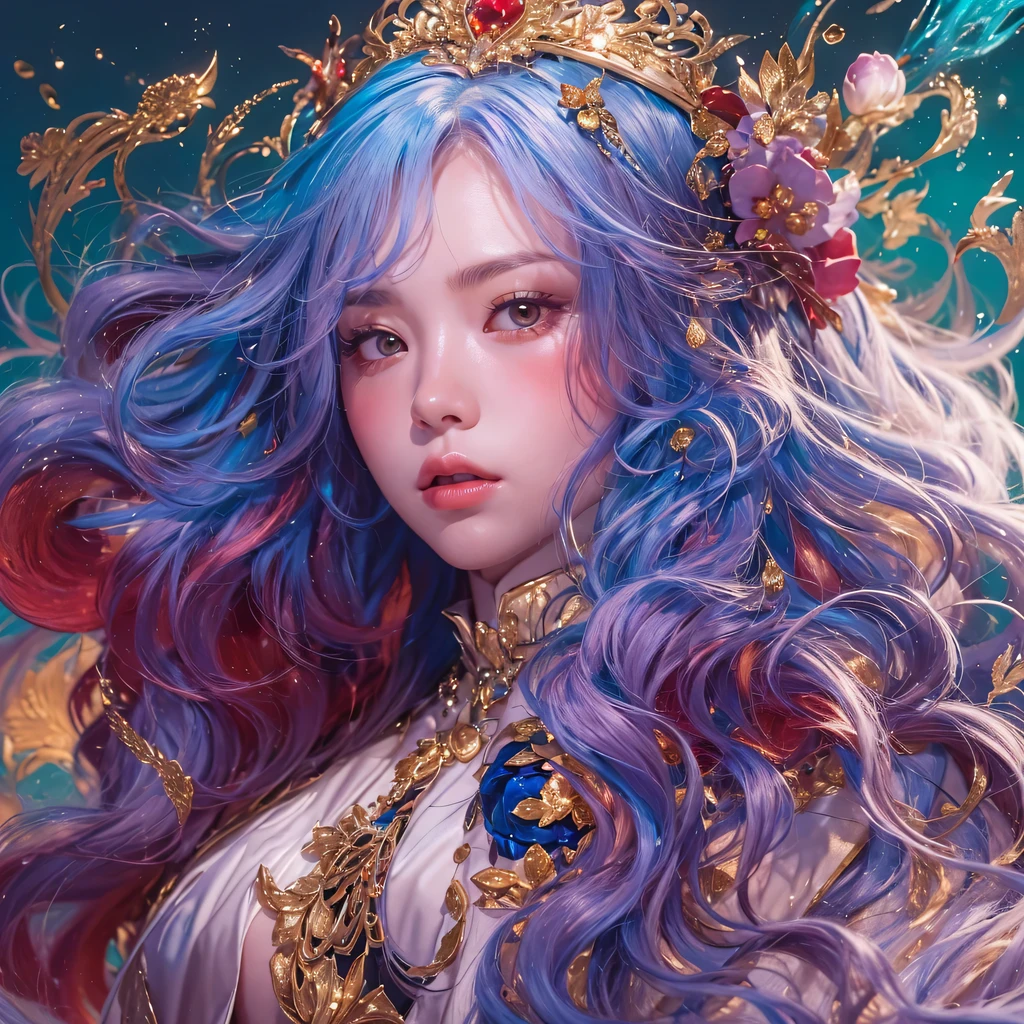 red blue colors,enamel,agate,A flesh-colored world,Blood Blue Maiden 32k(masterpiece,HD,Aoyama Pond,超HD,32k)long flowing bright blue hair,blood pool,Ziddink, a color,grumpy (After greeting), (Linen scarf), fighting stance, looking at the ground, long white hair, Floating bright blue, Fire cloud gold headdress, Chinese long-sleeved gold silk burgundy garment, (Abstract metaverse splash:1.2), White background,Peony flower vitality protector(realistically:1.4),bright purple hair,Smoke on the road,The background is very pure, high resolution, detail, RAW photos, Sharp Re, Nikon D850 film photo by Jefferies Lee 4 Kodak Portra 400 camera F1.6 guns, colorful, Ultra-realistic and vivid textures, dramatic lighting, Unreal Engine Art Station Trend, Sinest 800,一个有着long flowing bright blue hair的女孩,huge colorful bubbles