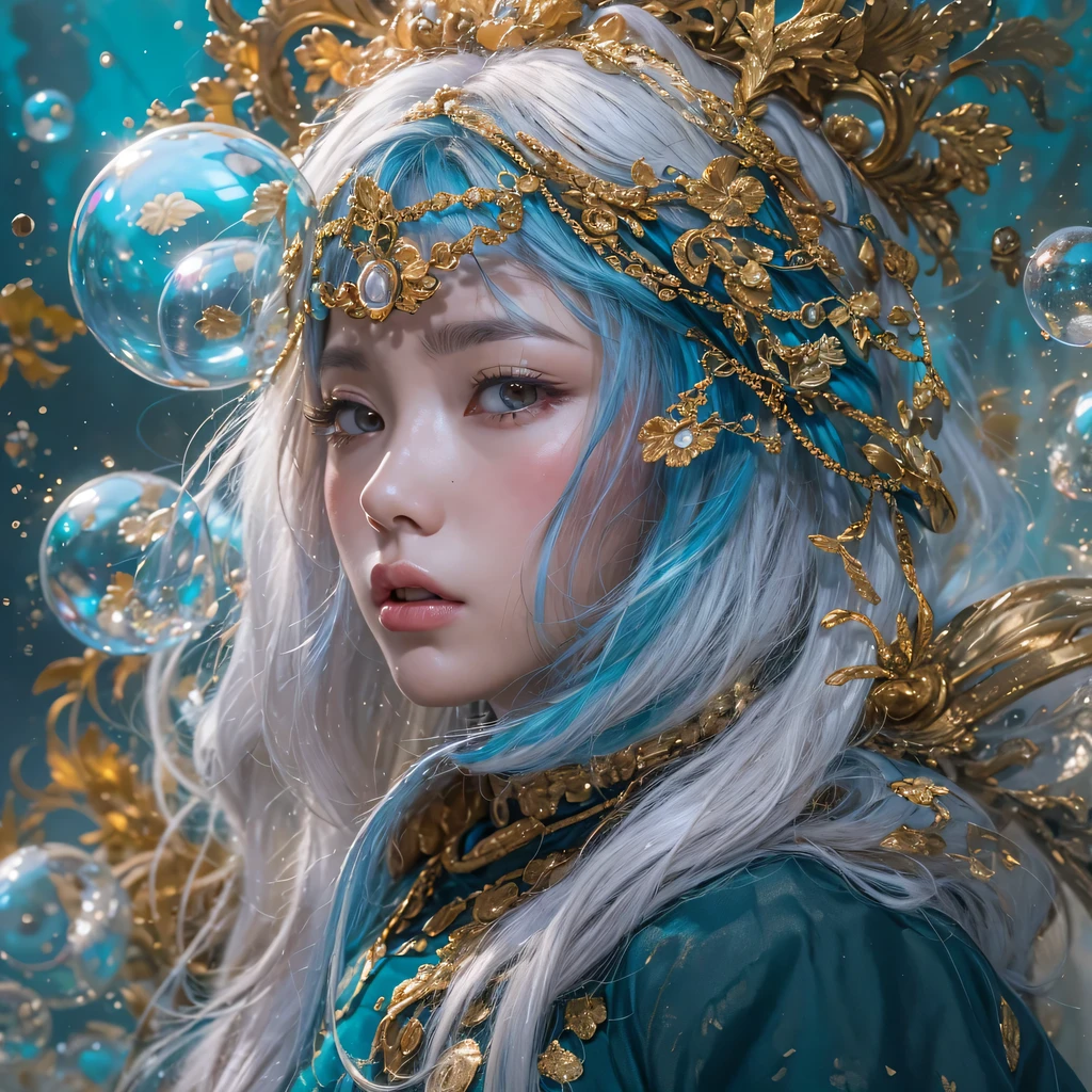 red blue colors，enamel，agate，A flesh-colored world，Blood Blue Maiden 32k（masterpiece，HD，Aoyama Pond，超HD，32k）long flowing bright blue hair，blood pool，Ziddink， a color，grumpy （After greeting）， （Linen scarf）， fighting stance， looking at the ground， long white hair， Floating bright blue， Fire cloud gold headdress， Chinese long-sleeved gold silk burgundy garment， （Abstract metaverse splash：1.2）， White background，Peony flower vitality protector（realistically：1.4），bright purple hair，Smoke on the road，The background is very pure， high resolution， detail， RAW photos， Sharp Re， Nikon D850 film photo by Jefferies Lee 4 Kodak Portra 400 camera F1.6 guns, colorful, Ultra-realistic and vivid textures, dramatic lighting, Unreal Engine Art Station Trend, Sinest 800，一个有着long flowing bright blue hair的女孩，huge colorful bubbles