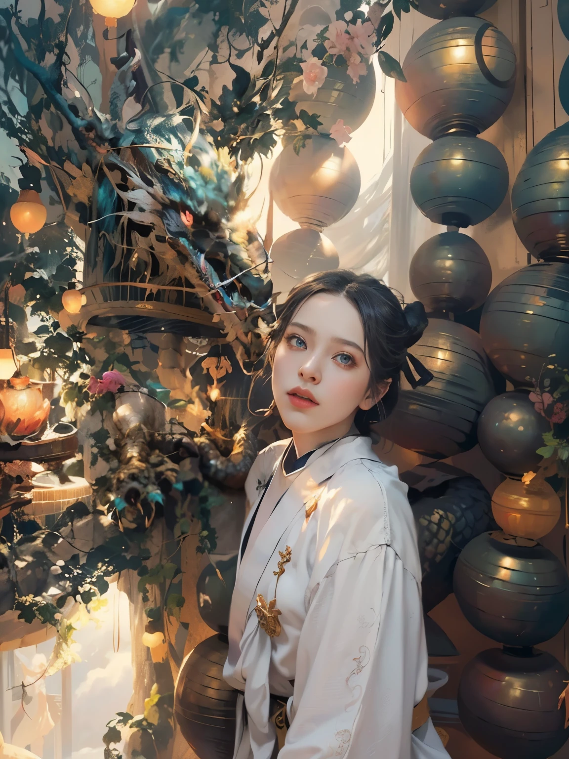 Super beautiful shining eyes、(tmasterpiece,hightquality,best qualtiy,offcial art,Beauty and aesthetics:1.2),epic cinematic,ultra - detailed,hyper realisitc, (1girl in:1.5),(full body Esbian:1.2),(Girl sits on a dragon:1.5),(1dragon:1.5),white hanfu,(White Dragon:1.1),dynamicposes,looking at viewert,(in a cloud:1.4),(Thick cloud cover:1.1),White clouds around,Auspicious clouds,Attractive coloring,theatrical lighting,Rim Lights,(Depth of field of view:1.2)