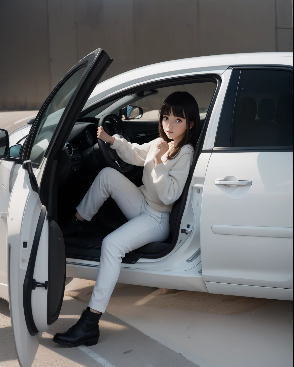 Girl in the car, Girl behind the wheel, The Girl in White, beautiful photo, super quality, girl with bangs, in a white car, clean white car