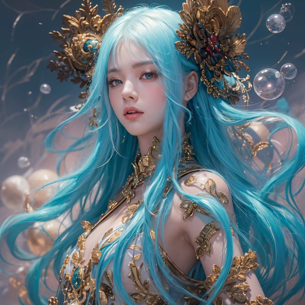 red blue colors,enamel,agate,A flesh-colored world,Blood Blue Maiden 32k(masterpiece,HD,Aoyama Pond,超HD,32k)long flowing bright blue hair,blood pool,Ziddink, a color,grumpy (After greeting), (Linen scarf), fighting stance, looking at the ground, long white hair, Floating bright blue, Fire cloud gold headdress, Chinese long-sleeved gold silk burgundy garment, (Abstract metaverse splash:1.2), White background,Peony flower vitality protector(realistically:1.4),bright purple hair,Smoke on the road,The background is very pure, high resolution, detail, RAW photos, Sharp Re, Nikon D850 film photo by Jefferies Lee 4 Kodak Portra 400 camera F1.6 guns, colorful, Ultra-realistic and vivid textures, dramatic lighting, Unreal Engine Art Station Trend, Sinest 800,一个有着long flowing bright blue hair的女孩,huge colorful bubbles