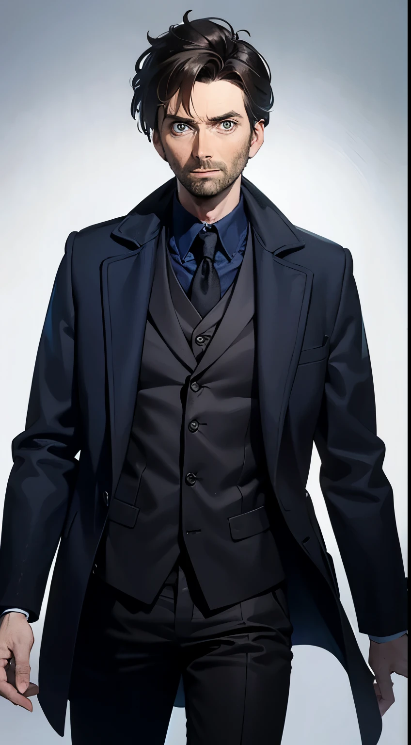 David Tennant with medium long black hair and 3-day beard, gray eyes. Black clothing with a doctor's coat.  Simple background.