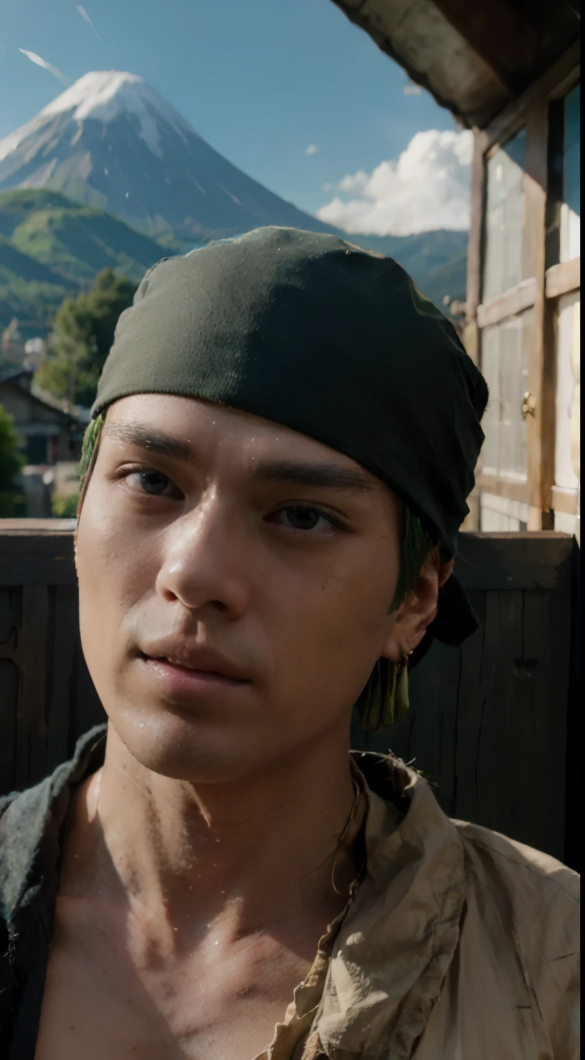 mackenyu, zoro, a man with green hair wearing a bandana, black hat, Behind the Mount Fuji,