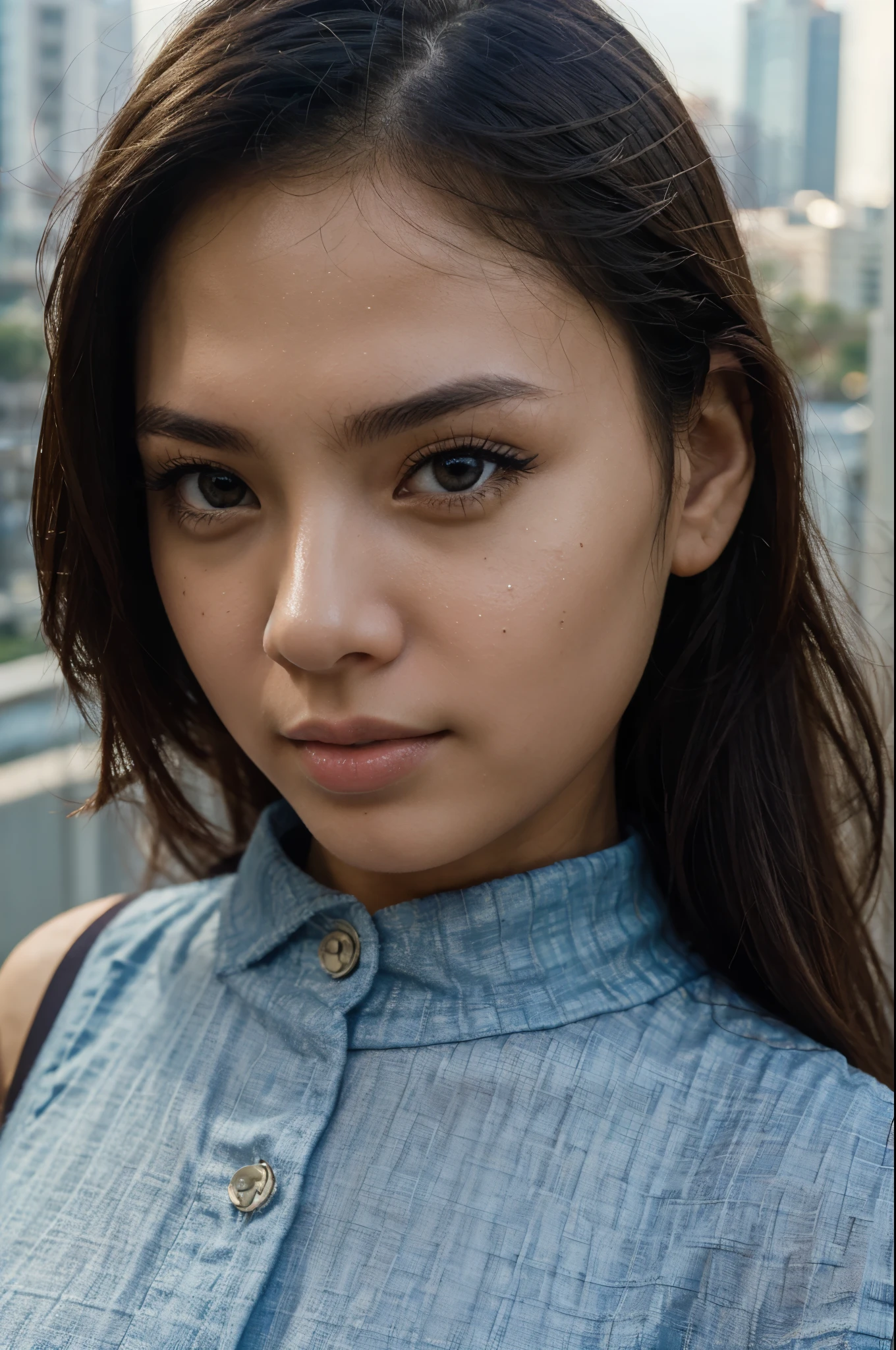 (masterpiece, best quality:1.2), 1girl, solo, webdria, making cute face, detailed skin texture, manila city scape,