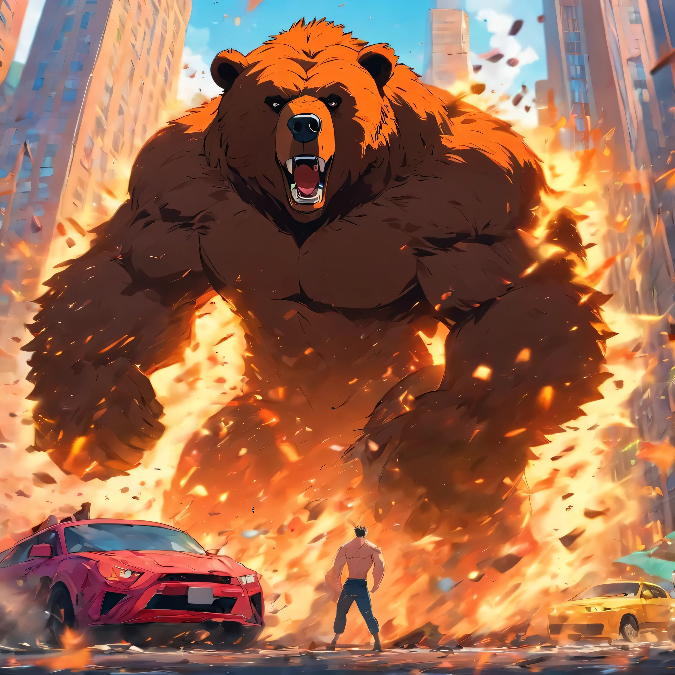 oso musculoso (human sized) Destruyendo autos en la ciudad de Nueva York.