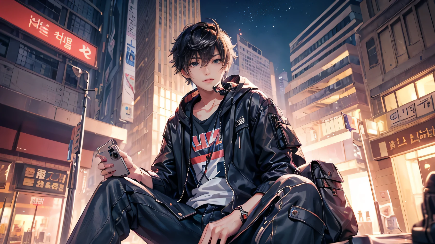 ((4K works))、masterpiece、（highest quality)、((High level image quality))、((One Manly Boy))、because I&#39;thin、((attractive and sexy fashion))、((Men's Fashion))、((holding backpack and iPhone in hand))、(detailed beautiful eyes)、In the night city of NY、Face similar to Chaewon in Ruseraphim、((Short hair over the ears))、((face becomes smaller))、((neutral face))、((light brown eyes))、((Korean boy))、((18-year-old))、((a handsome guy))、((Teeth and smile expression))、((korean makeup))、((long and sharp eyes))、((photo of a model))、((Like a celebrity))、professional photos、((shot alone))、((縁石に座ってListening to music through headphones))、((He sits in front of the viewer))、((Shot diagonally up from the front))、((Hold your iPhone in your hands、Look at your iPhone screen))、Listening to music through headphones